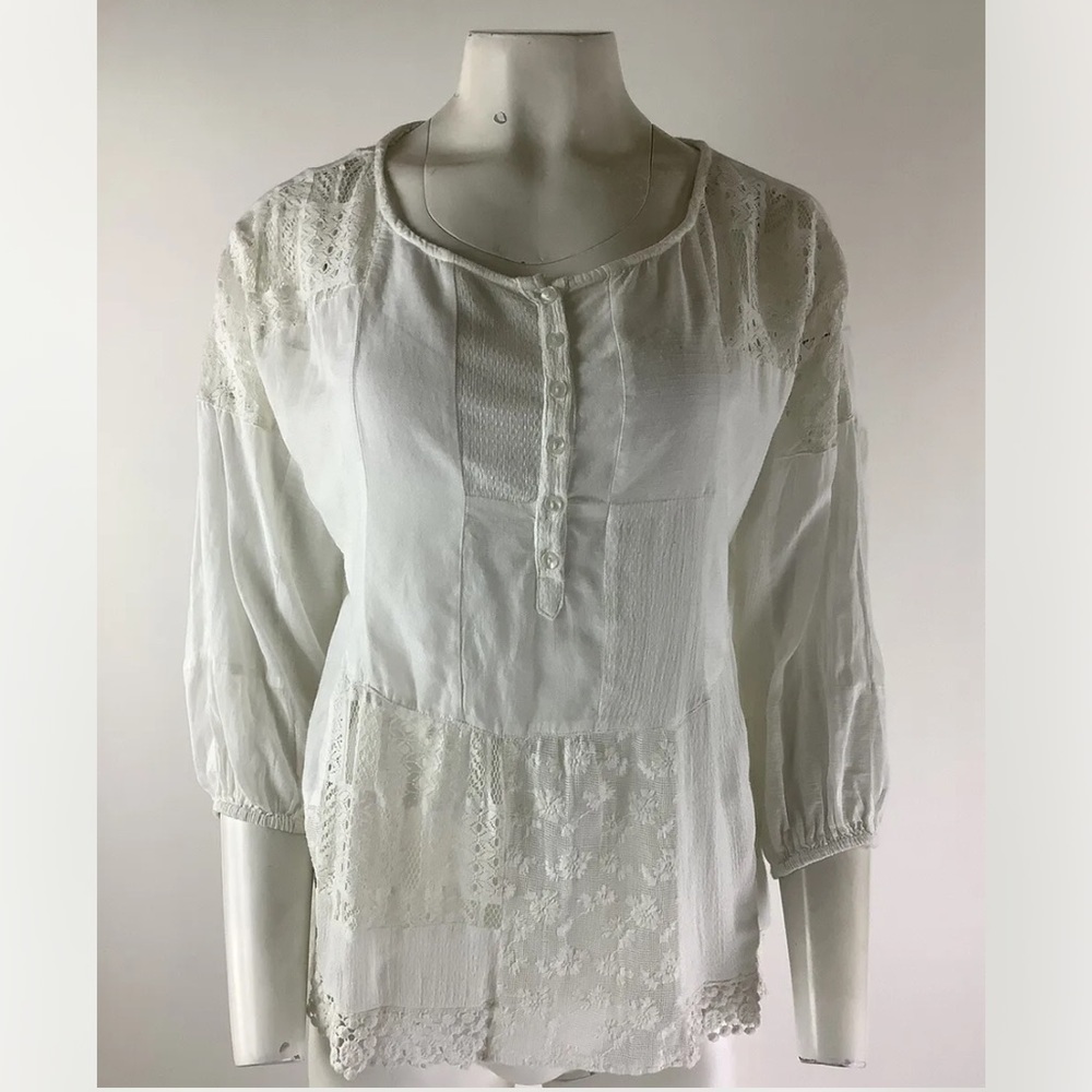 Anthropologie Sz S Lace Crochet Top White Cotton Rayon Henley Neck Blouse